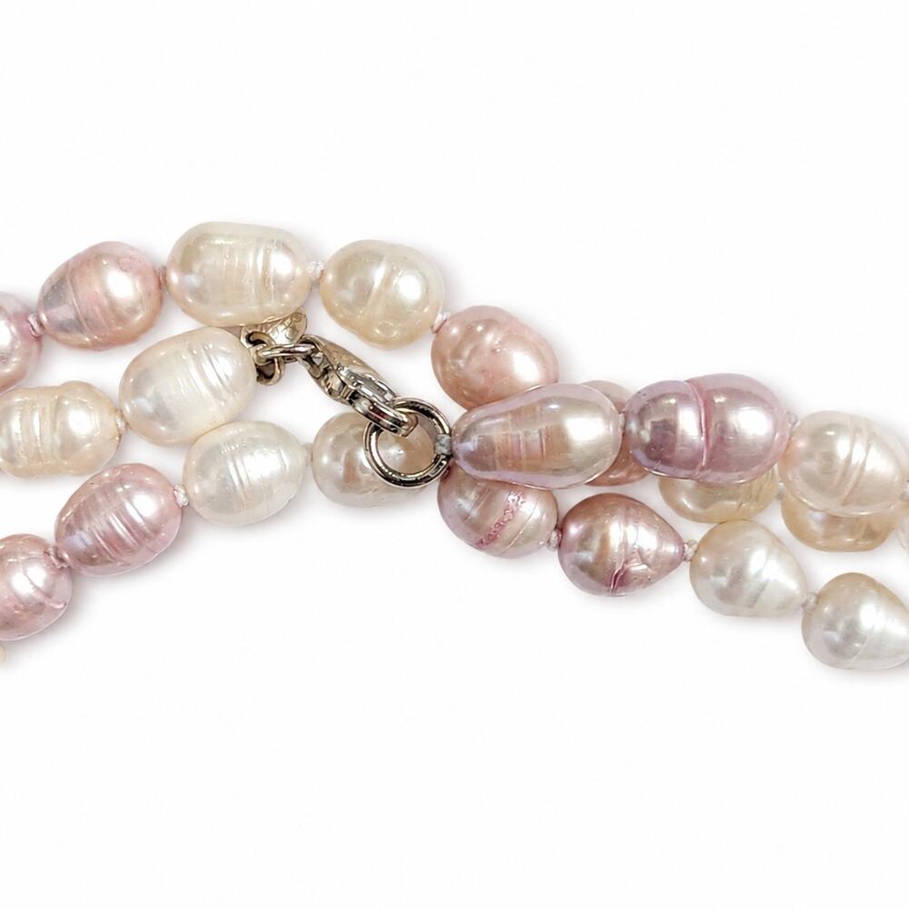 64" Cultured Baroque Pearl Necklace White & Pink 925 Silver Clasp - Picture 2 of 6